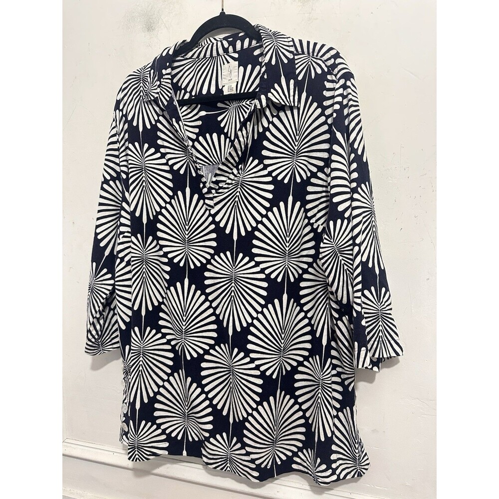Joie Linen Blend Blue White Palm Leaf V Neck Tunic Blouse Top Womens Sz 2X Plus